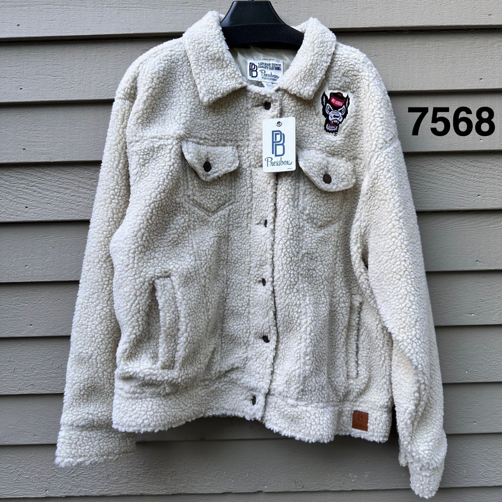 Pressbox NC State Wolfpack Yeti Fuzz Sherpa Trucker Jacket Cream XL NEW